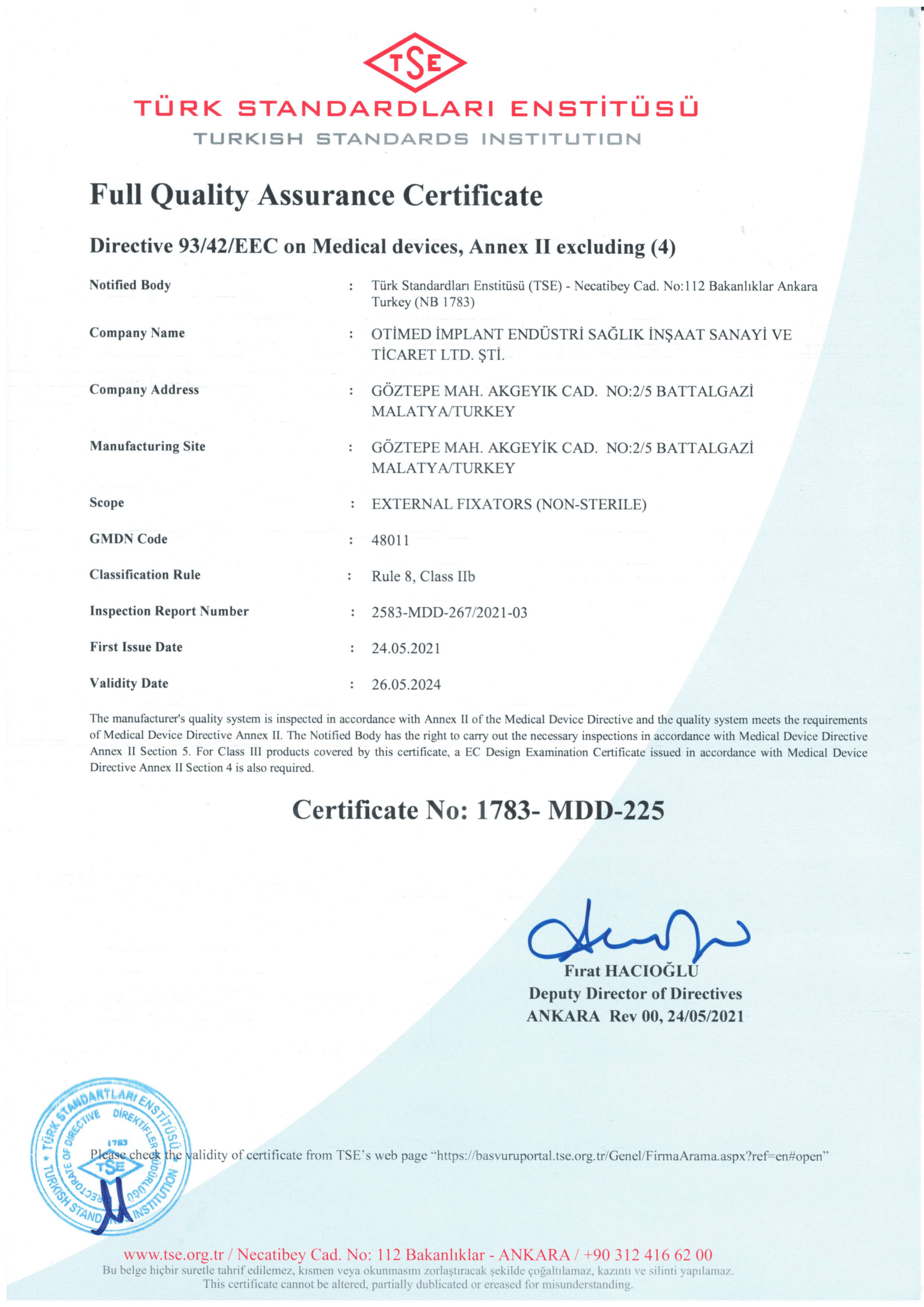 External Fixators (Non Steril)-Full Quality Assurance Certificate