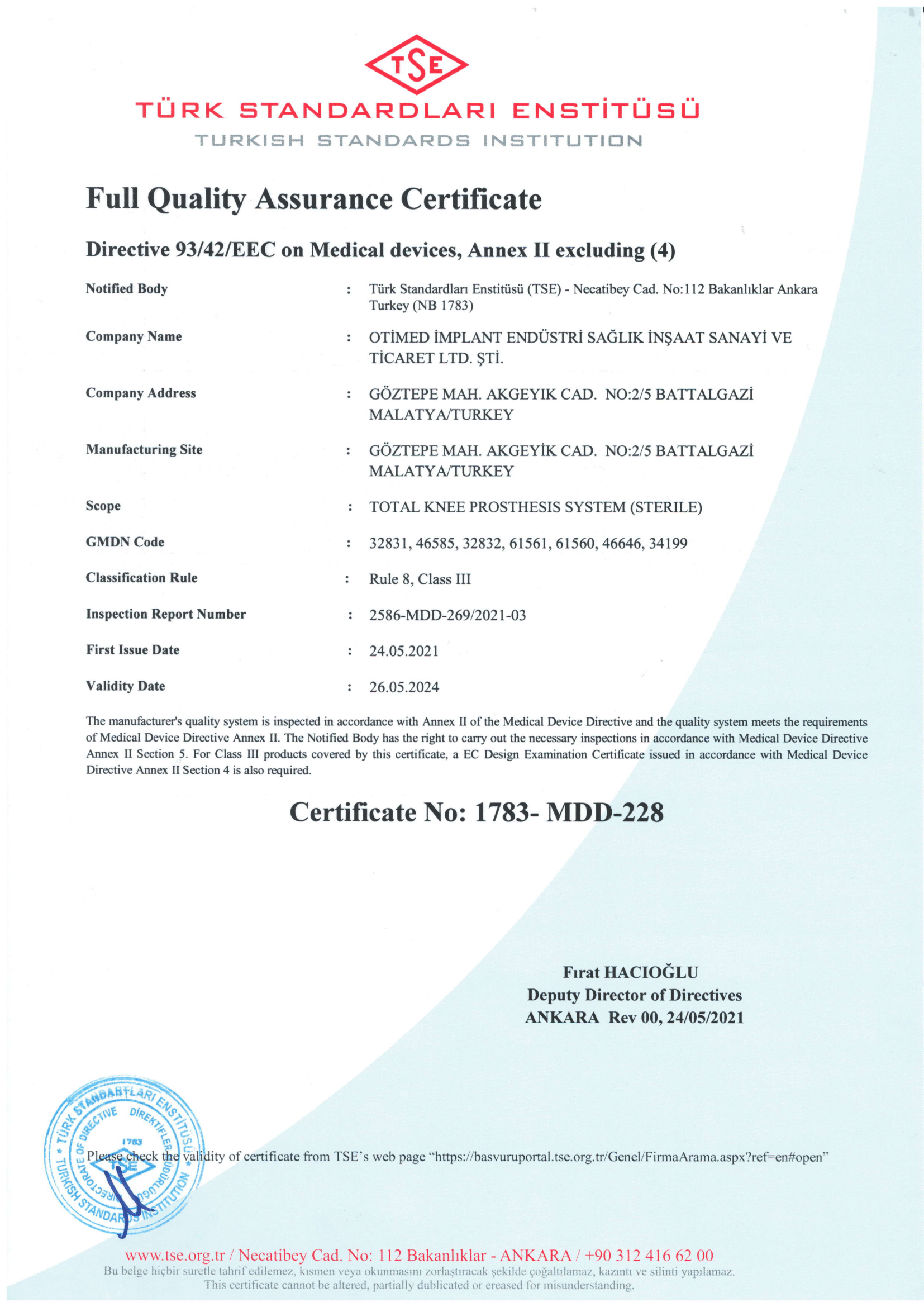 Knee.Prosthesis-Full Quality Assurance Certificate
